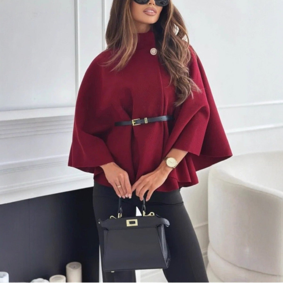 Women's fashion at VEYLO – belted cape jacket in wine red