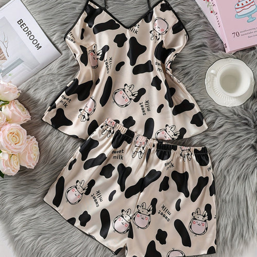 Cow Print Satin Pyjama Set – Cami & Shorts – VEYLO