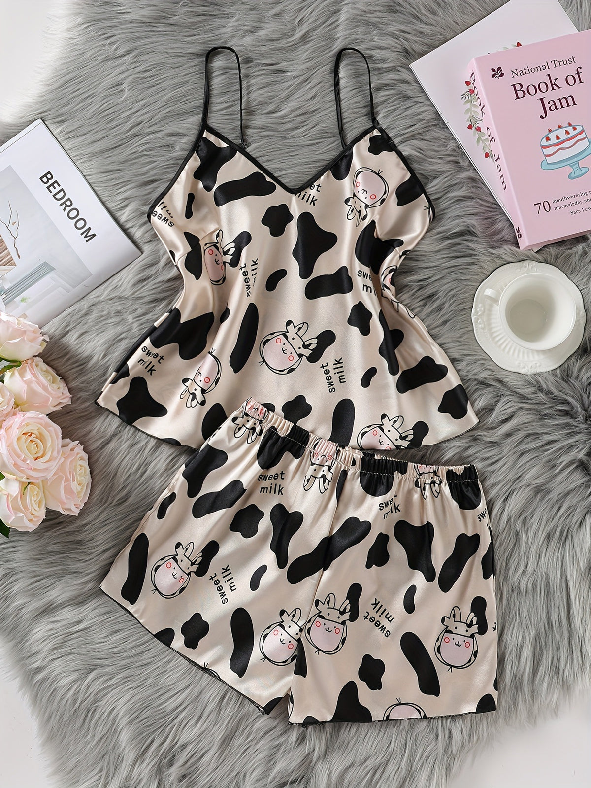 Cow Print Satin Pyjama Set – Cami & Shorts – view 2 of 6